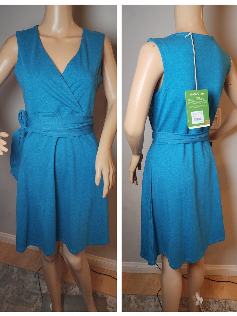 NWT Toad&Co Blue Surplice Sleeveless Tie Waist Dress Pockets Organic Cotton Sz M - Picture 2 of 16